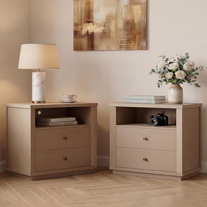 Night Stand Set of 2, Oversized Extra Large Nightstand with Charging Station, Tall Bedside Side Table with 2 Drawers Storage, Modern End Tables Wide Night Stands for Bedroom, White Oak by SUCSSRICH