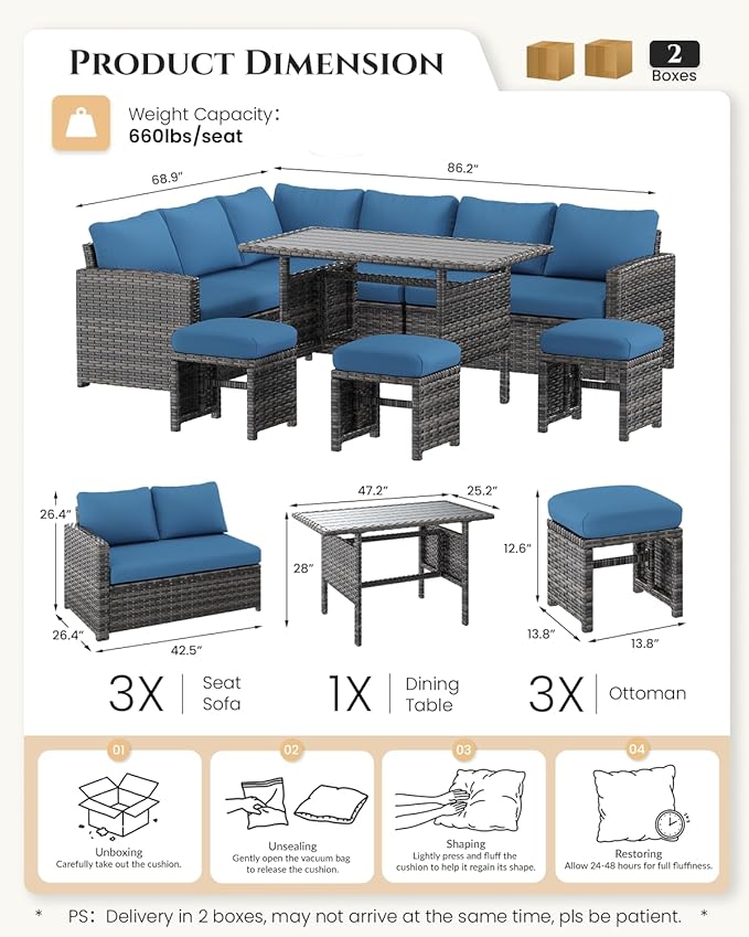 U-MAX 7 Pieces Patio Furniture Set, Outdoor Sectional Sofa Conversation Set, All Weather Wicker Rattan Dining Table & Chair with Ottoman, Grey Rattan&Dark Blue Cushion