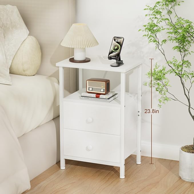 LOAKEKEL Night Stand with Charging Station, Small Bedside Table with 2 Fabric Drawers, Nightstand with USB Ports & Outlets for Bedroom, White, HETS020WT-1 - Image 3