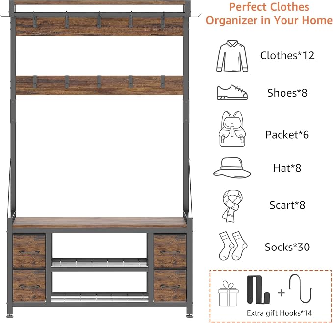 39" Hall Tree with Storage Coat Rack freestanding Entryway Furniture Bench, 5 in 1 Design Front Door Shoe Rack and Wall Rack Hooks, and 4 Drawers (Rustic Brown) - Image 8