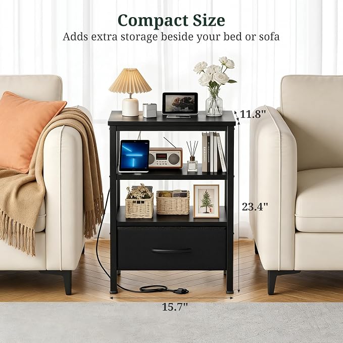 Nightstand with Charging Station, Bedside Table with USB Ports & Outlets, Small Dresser End Table with Fabric Drawer and Open Storage Shelf, Wooden Top for Bedroom, Black - Image 6