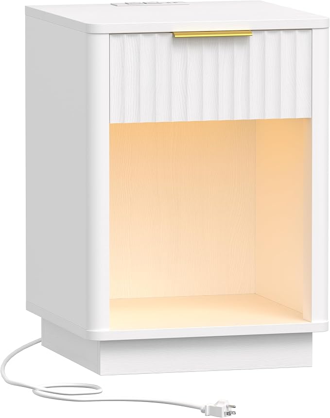 Akxomel Fluted Nightstand, Wooden Night Stand with Charging Station and LED Light, Modern Mid Century End Table with Drawer, 15" D x 15.7" W x 22.6" H, for Bedroom, White - Image 9