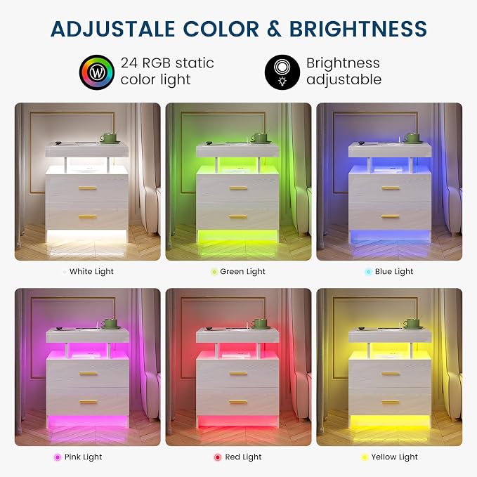 HNEBC Auto LED Nightstand with Wireless Charging Station & USB Ports,High Gloss Bedside Tables with 2 Drawers,Floating Nightstand with 3 Color & Adjustable Brightness for Bedroom,White - Image 4