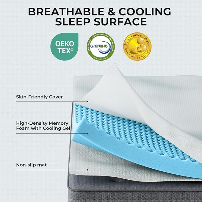 OhGeni Memory Foam Mattress Topper Pad, Soft Bed Cover with Anti-Slip Base, Size Twin, Style 3 Inch with Cover