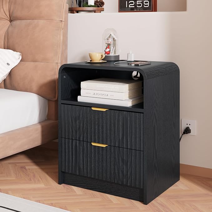 Black Nightstand Set of 2, Nightstands with Charging Station, Narrow Bedside Table with Drawers, Fluted Nightstand for Bedroom - Image 9