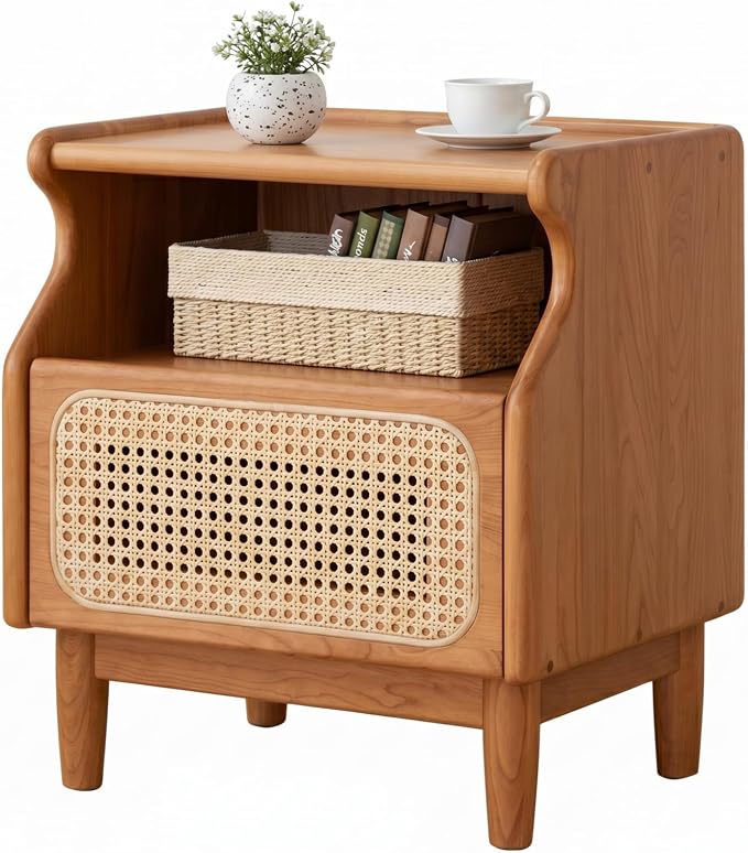 YESWOOD Cherry Wood Nightstand with Drawer, Rattan Nightstand, Natural Wooden Side Table, 19.3" H Bedside Table with Open Shelf, Small Nightstand for Bedroom by YESWOOD