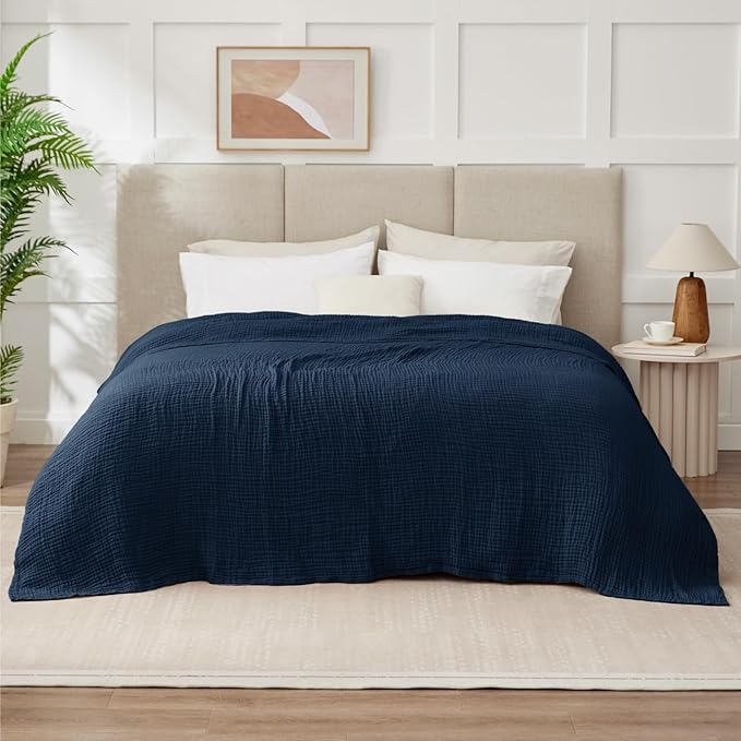 100% Cotton Muslin Blanket California King 120" x 90", 6 Layers Breathable and Lightweight Oversized Blankets for Bed, Soft Cooling Gauze Blanket for Adults All Season, Navy