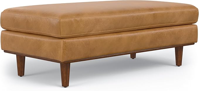 SIMPLIHOME Morrison 49 inch Wide Large Rectangular Ottoman in Sienna Genuine Leather, Multifunctional Footrest, Coffee Table, and Extra Seating for Living Room, Mid-Century Modern Style