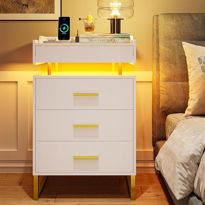 BTHFST LED Nightstand with Charging Station, Large Night Stand with 3 Drawers and 1 Pull-Out Tray, Modern Bedside Table with LED Lights, End Side Table with Storage, White and Gold - Image 3