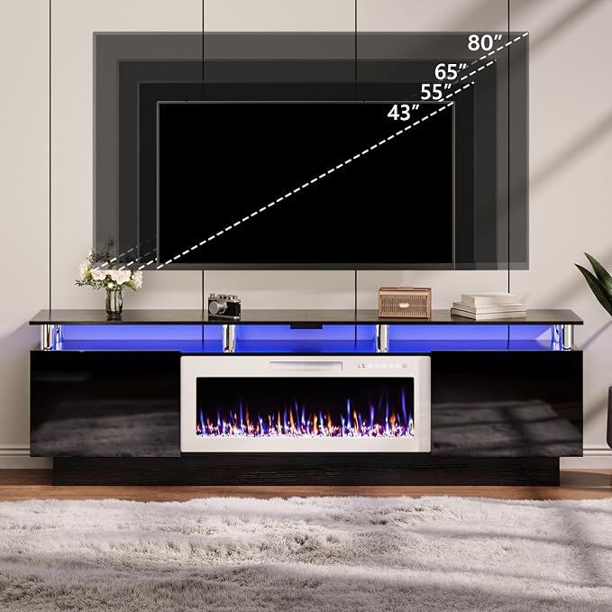 TAVATA 80" Fireplace TV Stand Up to 90" TVs, High Gloss Modern Entertainment Center with Storage, Wood Media Console Cabinet with 36" Fireplace & Open Shelf for Living Room, Black+White - Image 6
