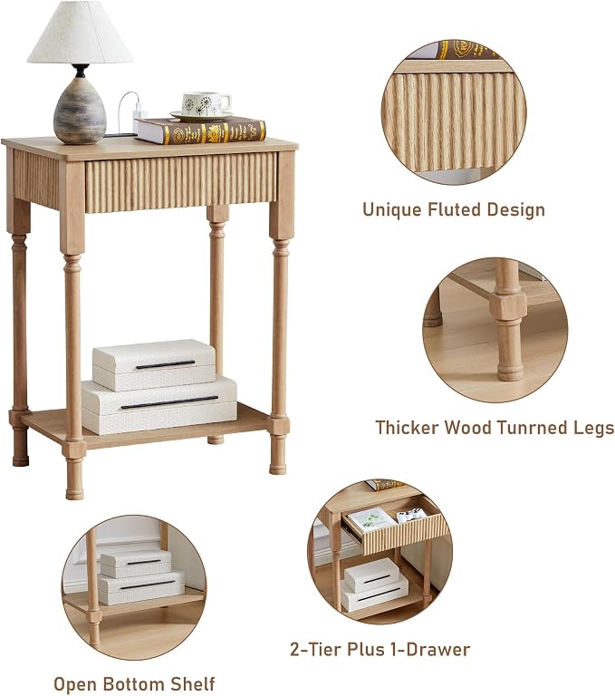 XUZENEST Fluted Nightstand with Charging Station, 23.6” Large Bed Side Table End Table with Drawer, Modern Mid Century Solid Wood Legs Night Stands Bedside for Bedroom Living Room Sofa Office, Natural - Image 4