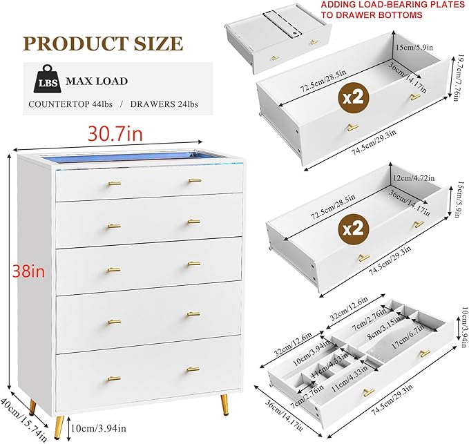Closet Island with Drawers, Glass Top, Closet Island with LED Lights, Jewelry Dresser Display and Bedroom Island & Walk-in Closet Island for Bedroom, Cloakroom, White