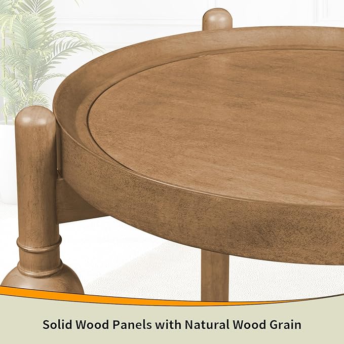 23" Round End Table with Solid Wood Frame, Small Side Table with Wood Shelf for Living Room Small Space Office Apartment, Natural
