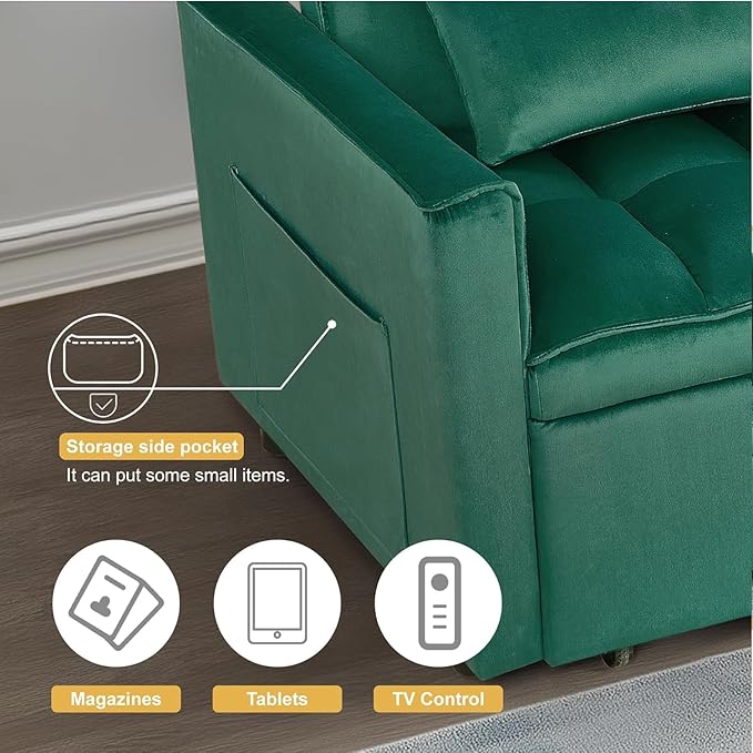 Convertible Sofa Bed, Pull Out Couch with Side Pockets, 3 in 1 Velvet Fabric Loveseat Sleeper Sofa Bed, Pull Out Couch with Adjustable Backrest for Living Room, Bedroom, Apartment, Green