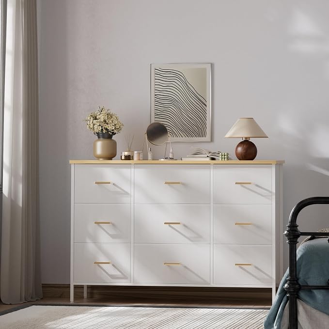 VASICAR Wide TV Stand Modern TV Console, 9 Drawers Dresser for Bedroom, Fabric Storage Cabinet, Chest of Drawers for Closet, Nursery, Living Room（Classic White） - Image 6