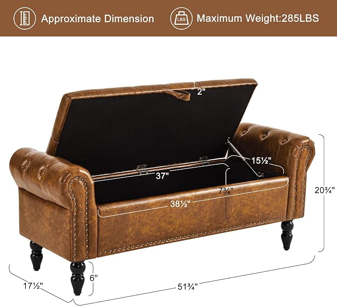 Furniliving Storage Ottoman Bench, Leather Benches End of Bed Bench with Solid Wood Legs Upholstered Ottoman Bench with Storage Indoor Bench for Living Room with Rolled Arm, Entryway, YellowBrown - Image 3