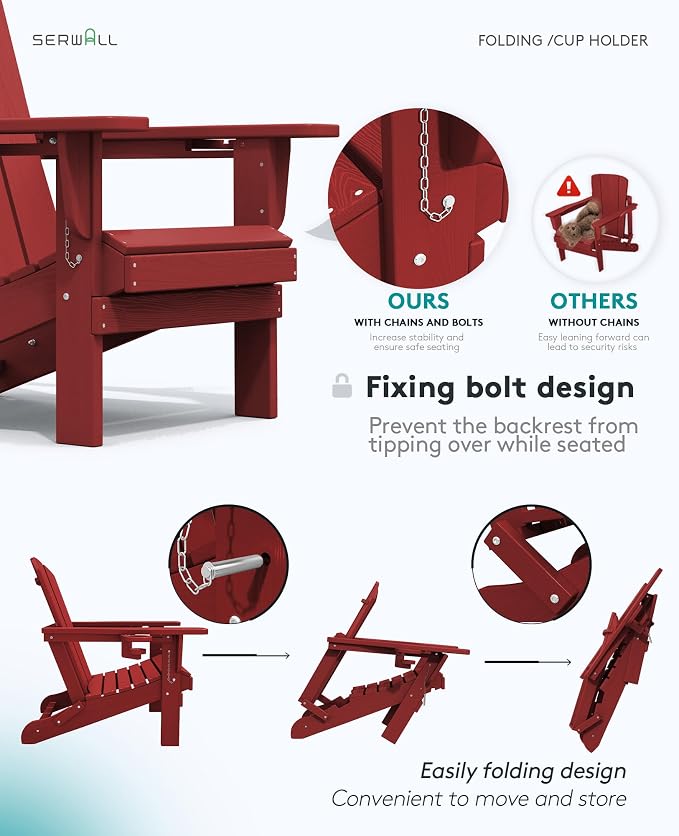 SERWALL Adirondack Chair with Cup Holders - Composite Adirondack Chairs Set of 2 HDPE Outdoor Chairs All Weather Use- Dark Red - Image 7
