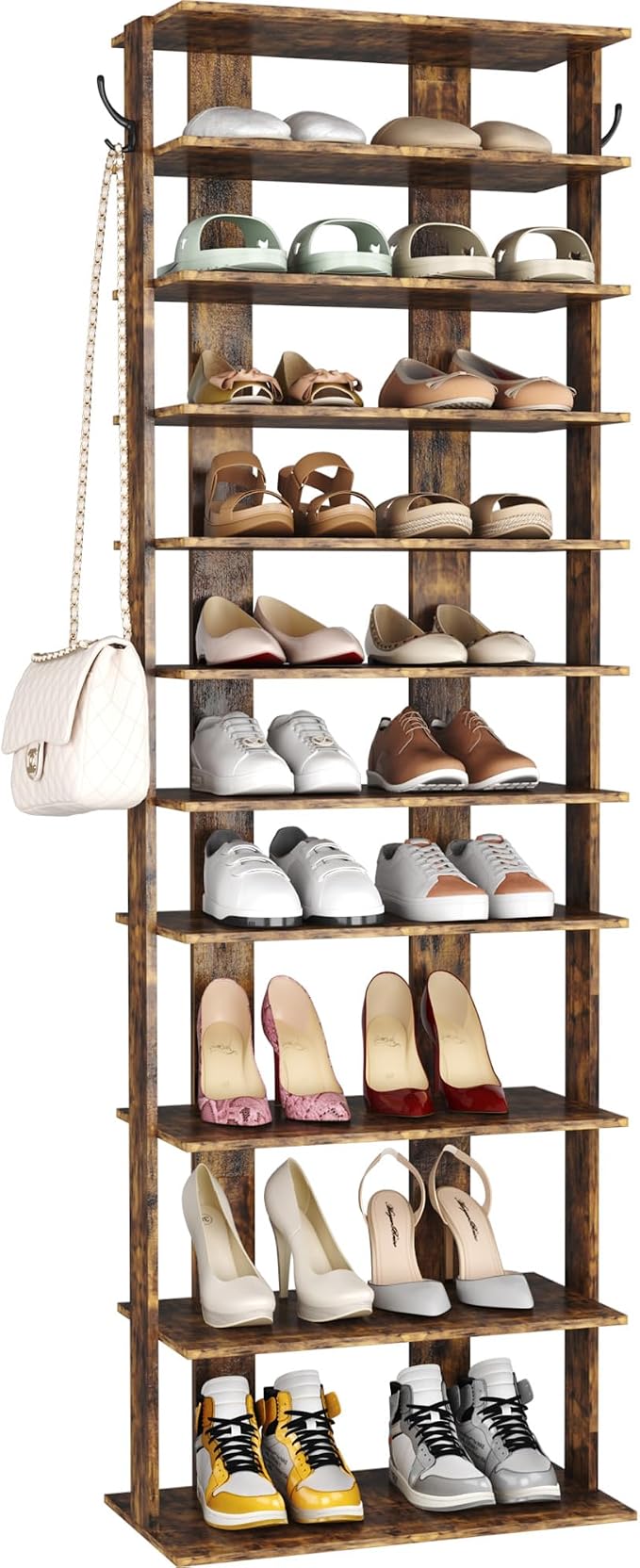 HOMEFORT 10-Tier Vertical Shoe Rack, Corner Shoe Tower, Double Rows 10 Tiers Shoe Shelf, Slim Shoe Storage Unit for 20 Pairs of Shoes, Shoe Stand for Entryway, Hallway, Closet (Rustic Brown) by HOMEFORT