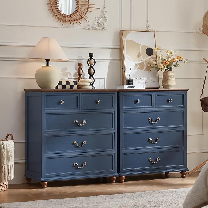 Joaxswe Farmhouse 5 Drawer Dresser for Bedroom, 35" Tall Rustic Chests of Drawers w/ 4 Solid Wood Feet, Mid Century Modern Wooden Closet Storage Dressers Organizer for Living Room, Hallway,Blue - Image 3