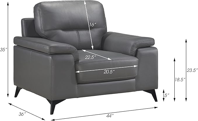 Lexicon Danica Top Grain Leather 3-Piece Living Room Sofa Set, Dark Gray