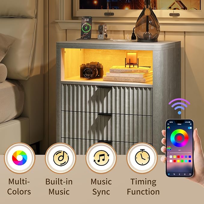 FUSOU Fluted Night Stand, Nightstands with Charging Station and LED Lights, Modern Bedside Table with 3 Drawers and Open Shelf, End Table with Storage, Nightstand for Bedroom, Living Room, Grey - Image 4