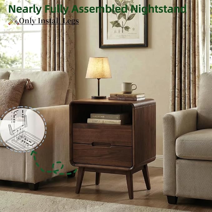 Walnut Nightstand Set of 2, Solid Wood Nightstand with Drawers & Open Storage Shelf, Mid Century Modern Nightstands, Wood End Table for Bedroom, (Dark Black Walnut, 23.23" H) - Image 5