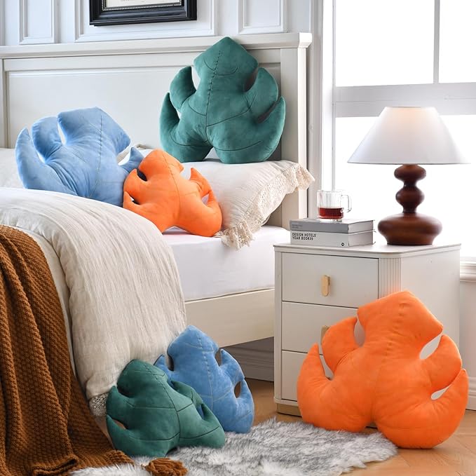 19.6 Inch Dark Green Leaf-Shaped Cotton Fill Decorative Throw Pillow for Bed Couch, Nature-Inspired Leaf Pillow