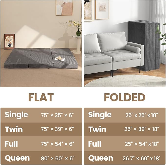 6-Inch Tri-Folding Mattress Full Size - Foldable Futon Sofa Bed with Removable Washable Cover, Folding Futon Mattress | Non-Slip Bottom & Carry Handles for Guest, Camping, Dorm