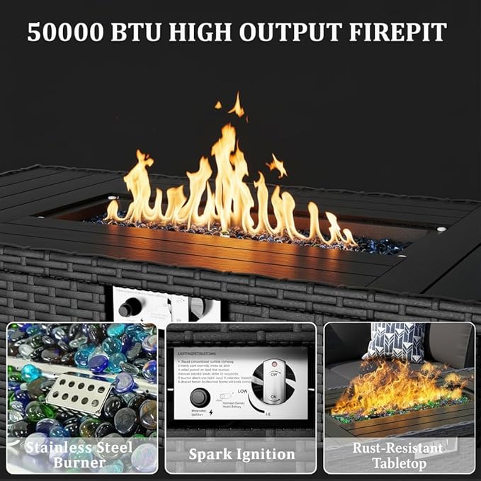 8 Pieces Outdoor Patio Furniture Set with 44" Fire Pit Table Black Rattan Sectional Conversation Sets w/Gas Fire Pit, Coffee Table, 1 Waterproof Covers, Wine red