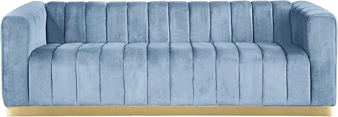 Meridian Furniture 603SkyBlu-S Marlon Collection Modern | Contemporary Velvet Upholstered Sofa with Deep Channlel Tufting and Brushed Gold Finish, Sky Blue, 86.5" W x 34" D x 28" H