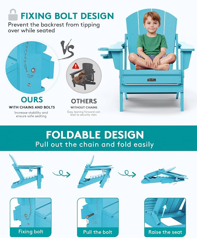 SERWALL Foldable Adirondack Chair Set of 4, Weather Resistant HIPS Patio Chairs with Cup Holder for Patio Garden Outdoors- Aruba Blue - Image 4