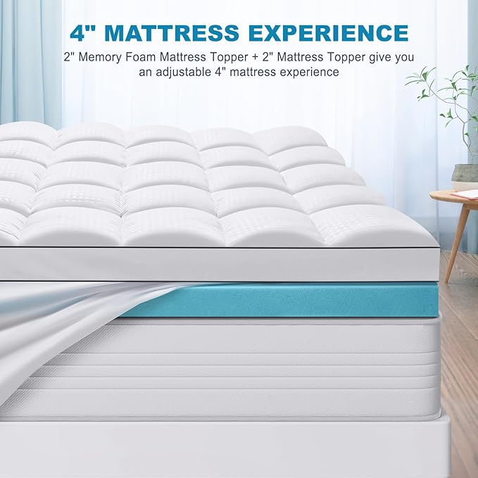 MASVIS Queen Size Dual Layer 4 Inch Memory Foam Mattress Topper, 2 Inch Cooling Gel Memory Foam and 2 Inch Pillow Top Mattress Pad Cover for Back Pain, Medium Support