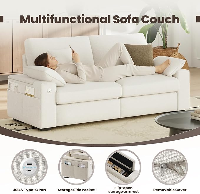 76" Loveseat Couch, 3 Seater Upholstered Midcentury Mondern Love Seat with USB Type C Ports, 4 Pillows and Storage Armrest Cloud Foam Sofa for Living Room/Small Spaces, Beige | Breathable material
