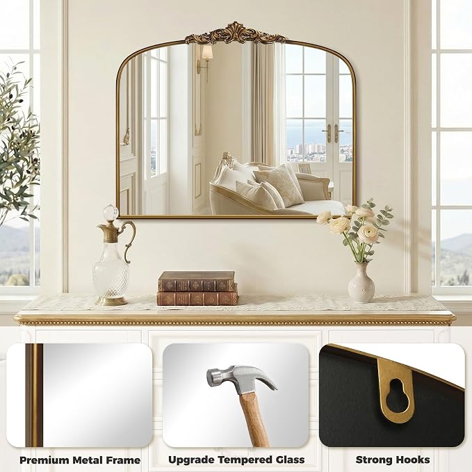 Vintage Gold Ornate Baroque Mirror - 36"X30" Arched Antique Brass Mirror with Full Metal Frame - Ideal for Entryway, Fireplace, Living Room, Hallway or Wall Decor (Upgrade Tempered Glass) - Image 5