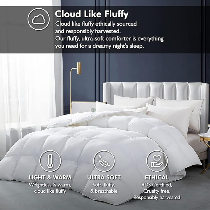 Luxurious White Solid Heavy Weight, Oversize Queen Goose Feathers Down Comforter for Winter Weather Duvet Insert, Premium Baffle Box, 100% Egyptian Cotton Cover, 70 oz. Fill Weight