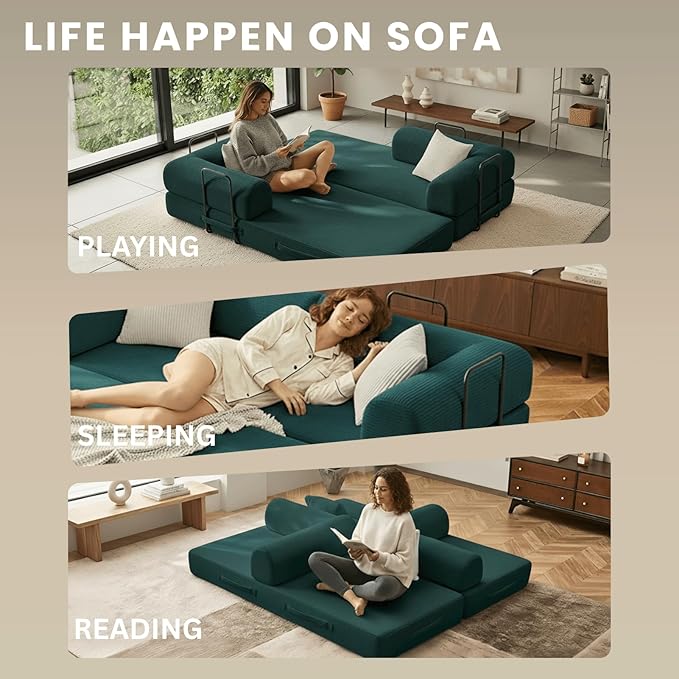 4-in-1 Folding Convertible Sofa Bed, 77" Floor Couch with Pillow - Corduroy Fabric & High-Density Sponge & Fixed-Shape Frame, Modular Sofa for Living Room/Lounge/Studio, Green
