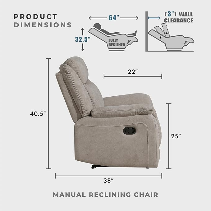 Lexicon Manual Recliner Chair, Polished Microfiber Reclining Sofa Chair, Home Theater Seating, Wall Hugger Manual Recliner for Living Room/Office/Apartment, Dove