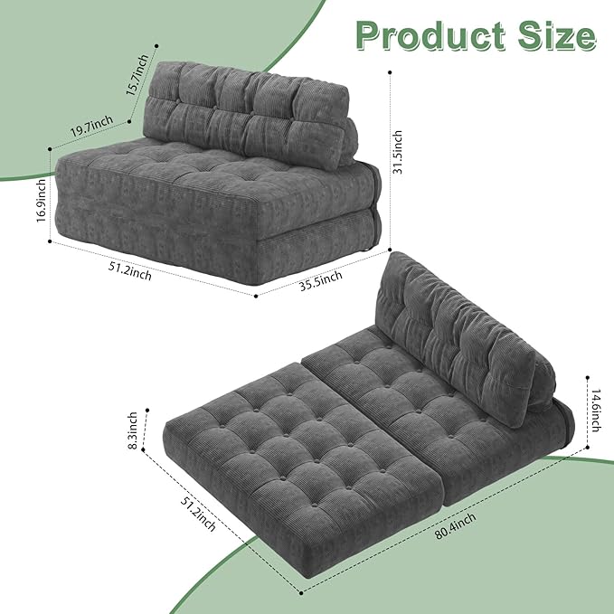GarveeHome Folding Sofa Bed, Floor Folding Couch with Pillow, Futon Sofa Bed Convertible Sleeper Chair Foldable Mattress Back Support, Portable Fold Out Couch, Full, Corduroy, Dark Grey