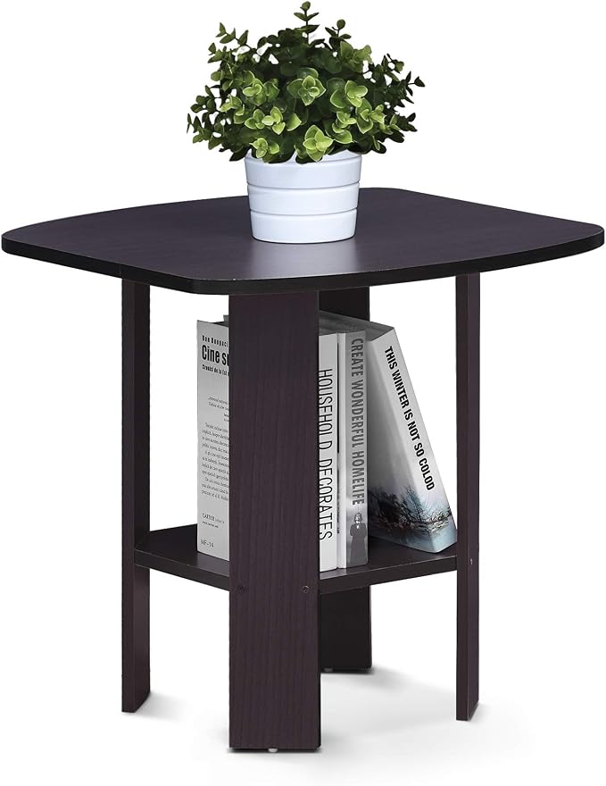 Furinno SIMPLE DESIGN Side Table, 2-Tier Modern End Table with Soft Edges, Open Shelves Night Stand, Bedside Table, for Living Room, Bedroom, Dark Walnut by Furinno-FitsYourSpaceFitsYourBudget