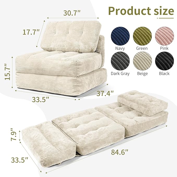 Art3d Folding Sofa Bed, Convertible Sleeper Sofa Bed with Pilow & Back Support, 3 in 1 Long Futon Boneless Couch, Comfy Floor Couch for Living Room, Bedroom, Beige