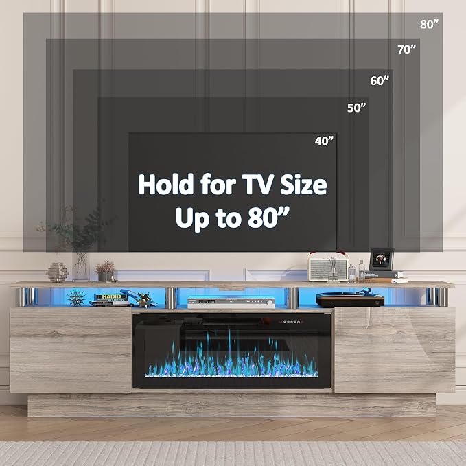 PUKAMI 80" Fireplace TV Stand with 36" Electric Fireplace, LED Light Entertainment Center with Storage, 2 Tier Modern Wood Media TV Console with Highlight Cabinet for Living Room, Grey - Image 6