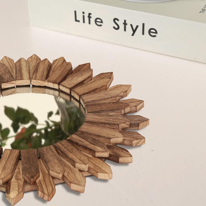 LOSOUR Wall Decor 12 inch Rustic Round Wood Mirror Decorative Boho Sunburst Mirror Boho Home Decor Farmhouse Wall Decor for Bedroom Living Room Entryway - Image 2