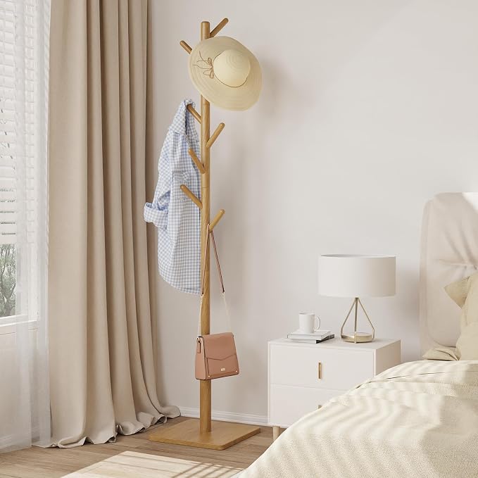 Coat Rack Freestanding with Stable Square Base for Cloathes, Hat, Used in Bedroom, Office and Entryway, Sturdy and Easy Assembly Coat Tree with 3 Adjustable Sizes and 8 Hooks, Natural - Image 4