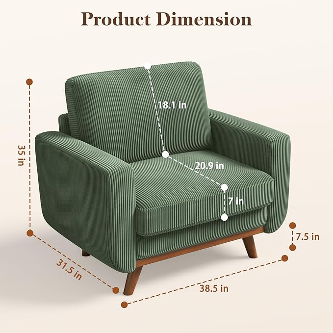 38.5" Green Corduroy Accent Chair, Comfy Deep Seat Armchair with Spring Cushion, Modern Reading Sofa for Living Room Bedroom