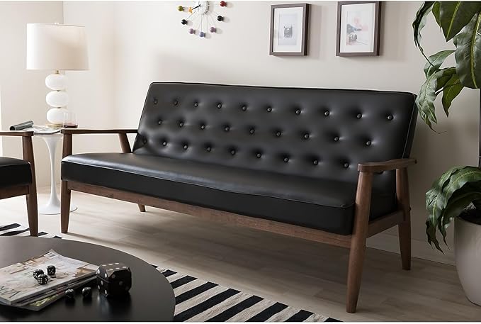 Baxton Studio Sorrento Mid-Century Retro Modern Faux Leather Upholstered Wooden 3-Seater Sofa, Black