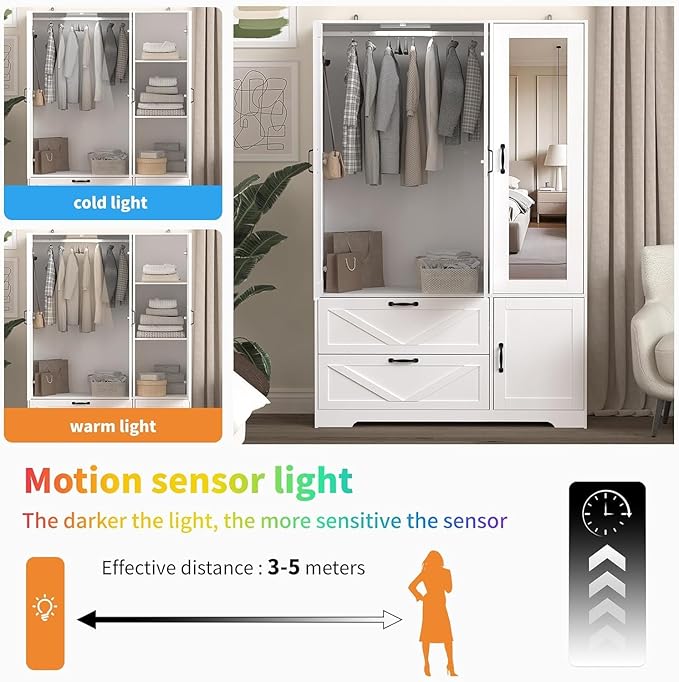 Armoire Wardrobe Closet with Mirror Door and LED Lights,3 Doors Farmhouse Bedroom Armoire with Drawers,Large Capacity Freestanding Armoire with Hanging Rod,Adjustable Shelves and Hooks(White