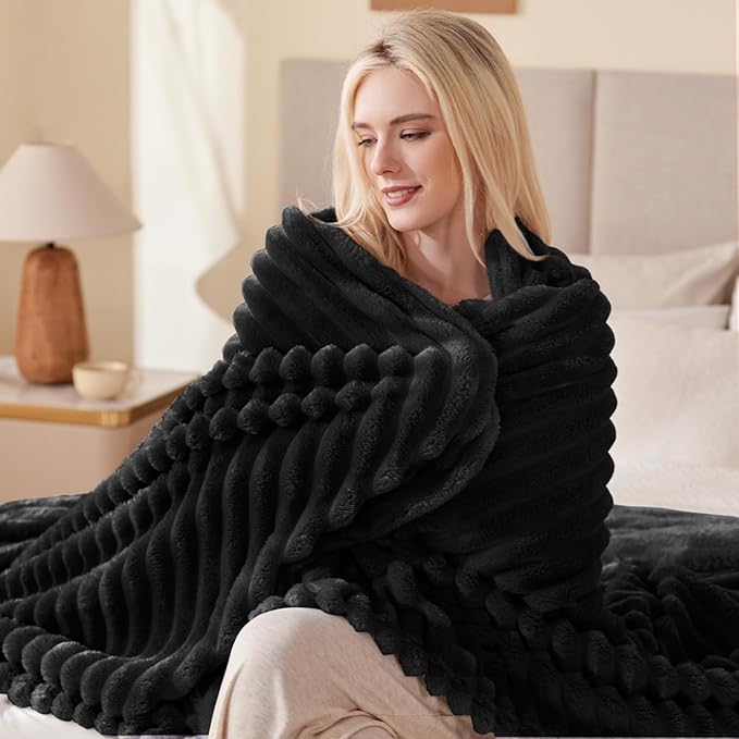 EXQ Home Fleece Throw Blanket for Couch or Bed - 3D Stripe Jacquard Decorative Blankets - Cozy Soft Lightweight Fuzzy Flannel Blanket Suitable for All Seasons(50"??60",Black)