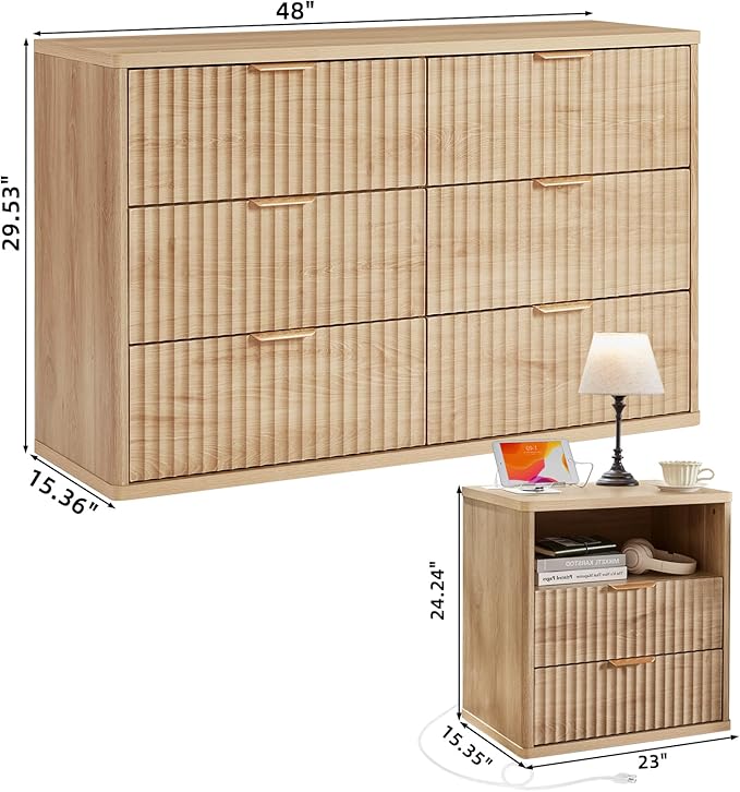 LEYAOYAO Fluted Dresser and 2 Drawers Nightstand Set of 2, Wood 48" Wide Dresser & 23" Night Stand with Charging Station, 3 Piece Bedroom Furniture Set, Chest of Drawers for Home,Living Room,Natural