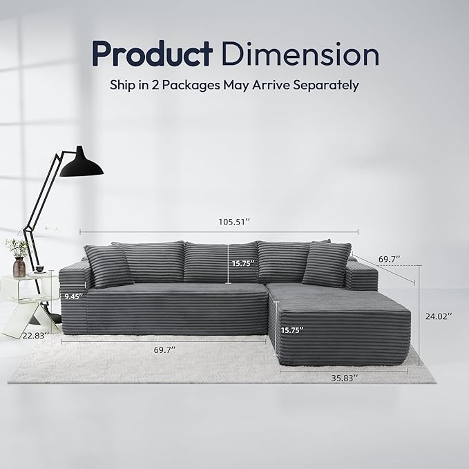 Cloud Sectional Couch, 105" Modular Sectional Sofa with Left Chaise Lounge, Modern Modular L-Shape Sofa with Pillows & Deep Seat, Boneless Couches for Living Room Bedroom, Dark Grey