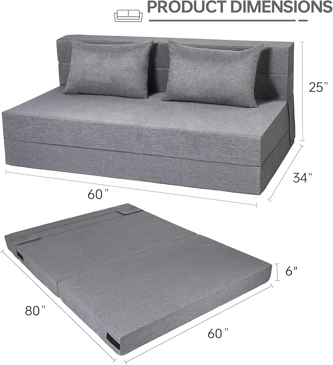Folding Sofa Bed, Foldable Bed Sleeper Chair with Removable Washable Cover, Convertible Fold Out Couch with Pillow, Futon Couch for Living Room, Dorm, Guest Room, Queen Size, Light Grey